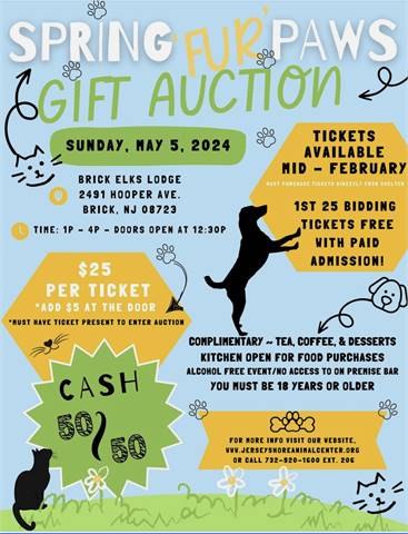 Spring Fur Paws Gift Auction for Jersey Shore Animal Center at Brick Elks Lodge